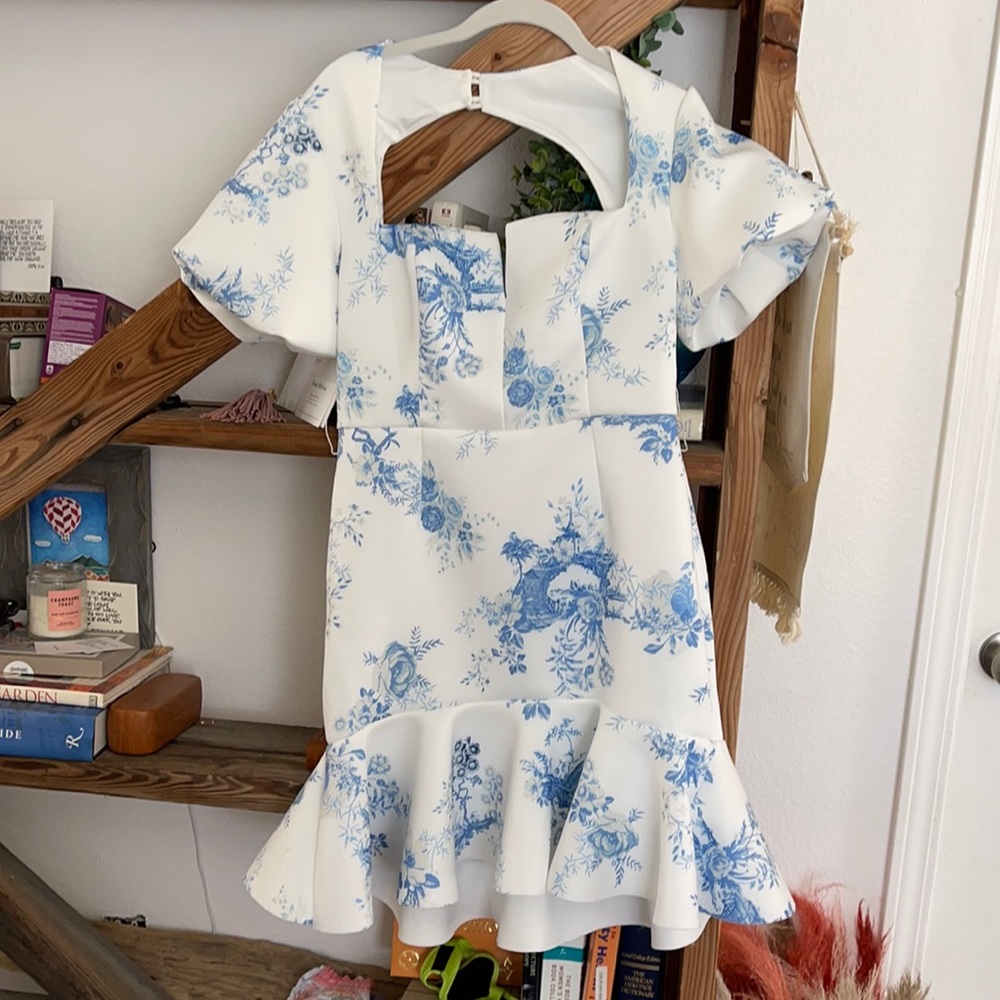 ASOS floral Toile Print Dress Belted Puff Sleeve Scuba